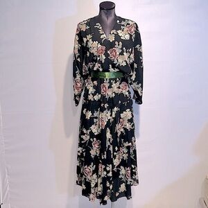 Phoebe black Floral Maxi Layered Dress with Satin Green Ribon Waist Tie!